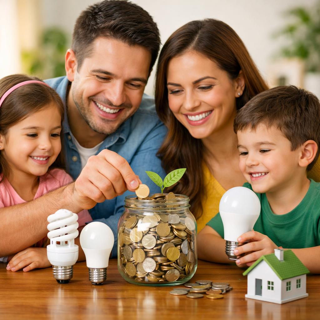 Familia feliz ahorrando con Enerlux